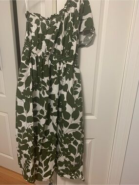 J. Crew one shoulder Green and White Floral Midi Dress w/ pockets